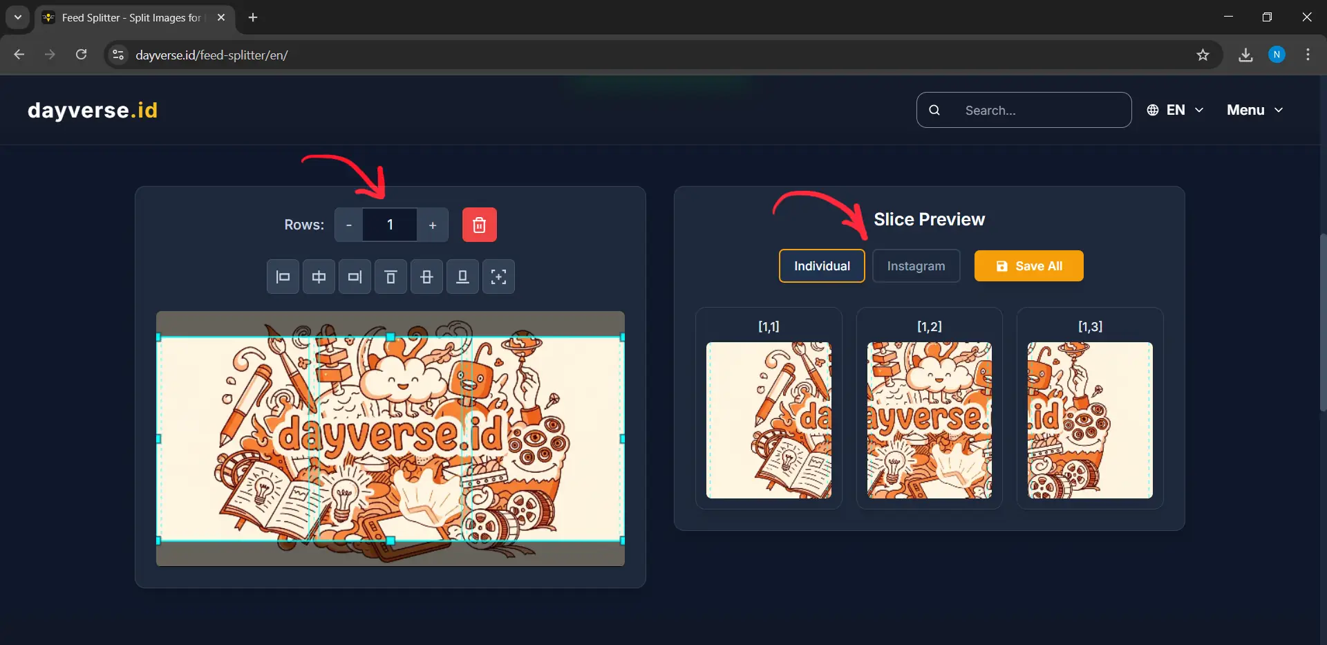 Image with adjustable 2 row by 3 column grid overlay, showing crop area for Instagram puzzle feed, along with Instagram preview button