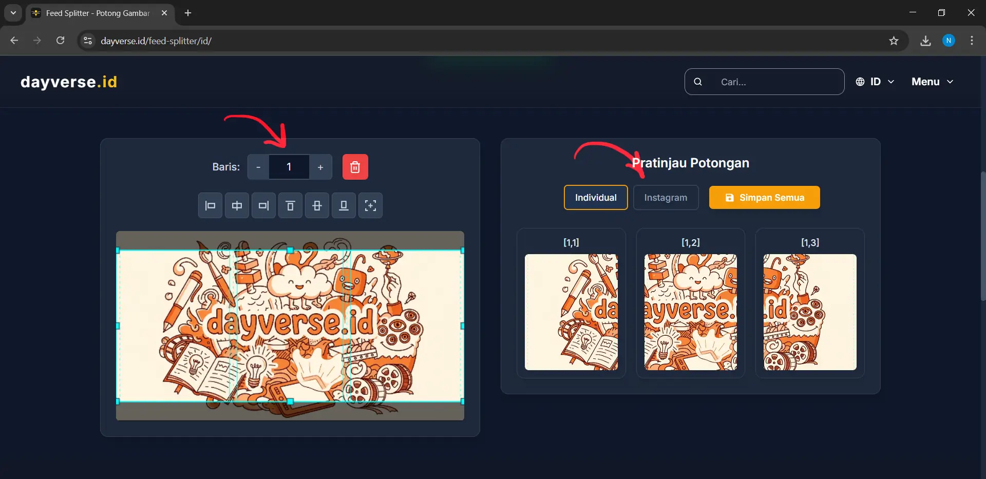 Gambar dengan grid overlay 2 baris kali 3 kolom yang dapat disesuaikan, menunjukkan area potong untuk puzzle feed Instagram, serta tombol pratinjau Instagram