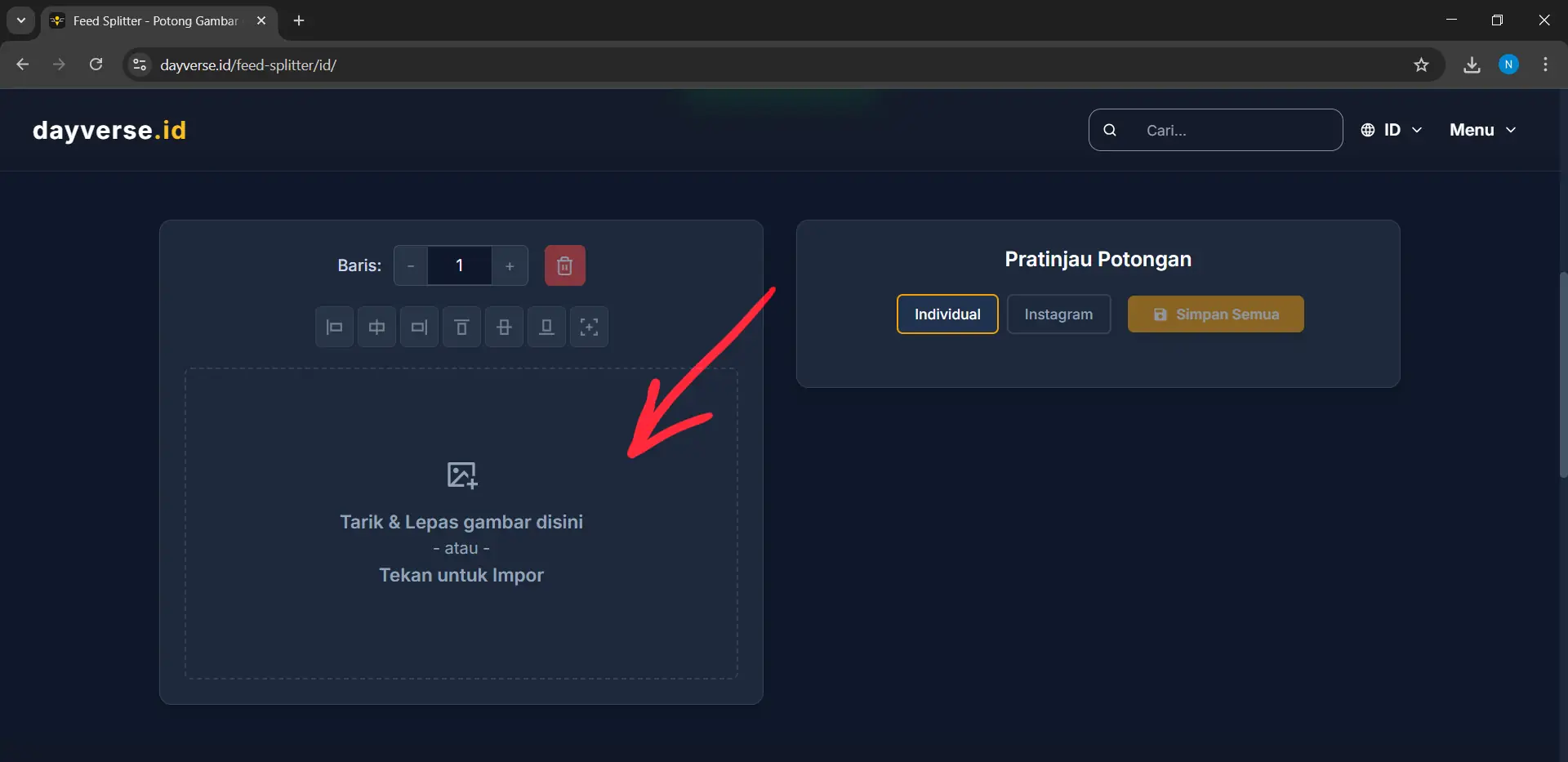 Area drop zone atau zona seret gambar dengan ikon impor dan teks petunjuk Klik atau seret gambar di sini pada antarmuka Feed Splitter