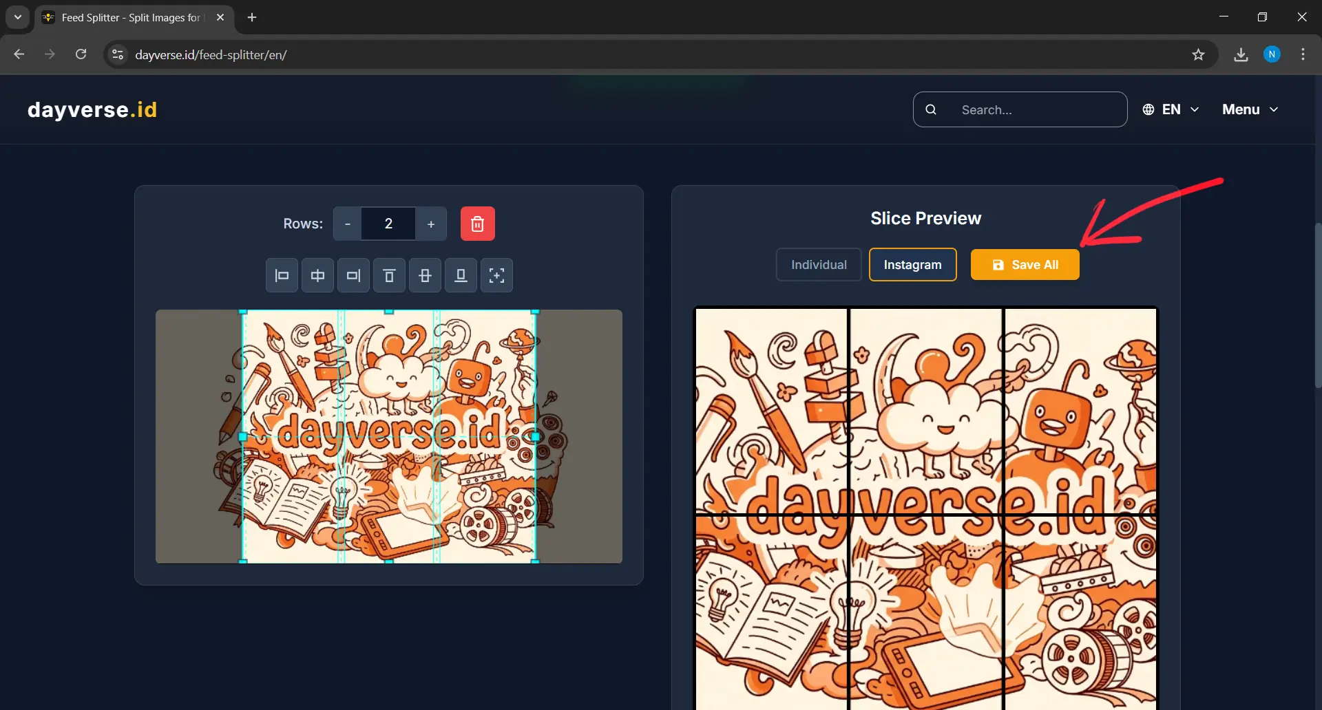 Orange Save All button at the bottom of the editor interface, ready to download all image slices