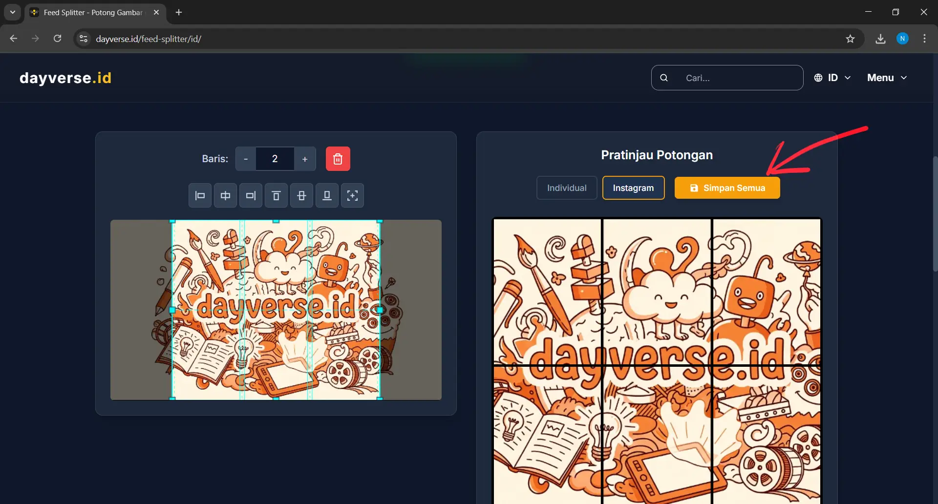 Tombol Simpan Semua berwarna oranye di bagian bawah antarmuka editor, siap untuk mengunduh semua potongan gambar