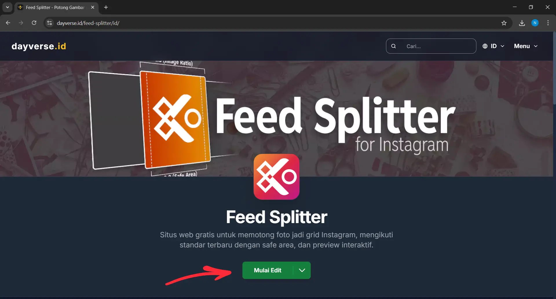 Tombol Mulai Mengedit berwarna hijau pada halaman Feed Splitter Instagram dengan antarmuka bersih dan minimalis