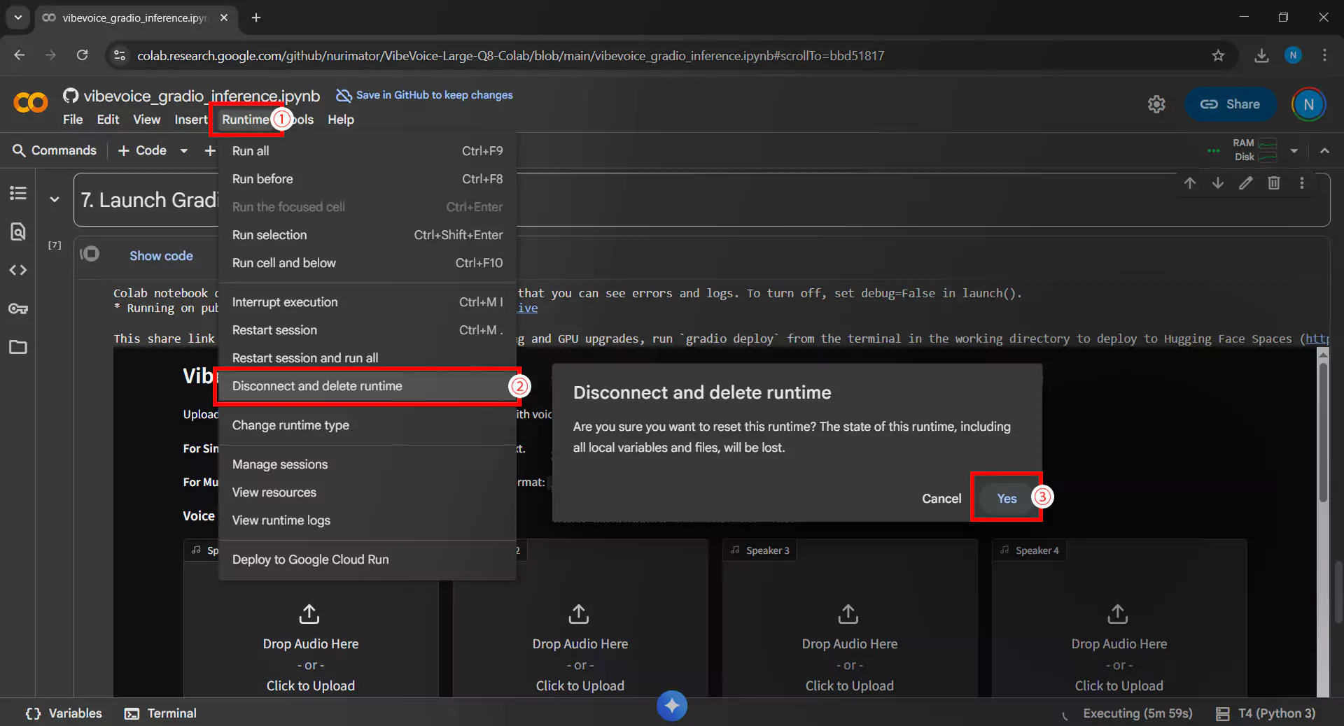 Menu to disconnect and delete runtime in Google Colab