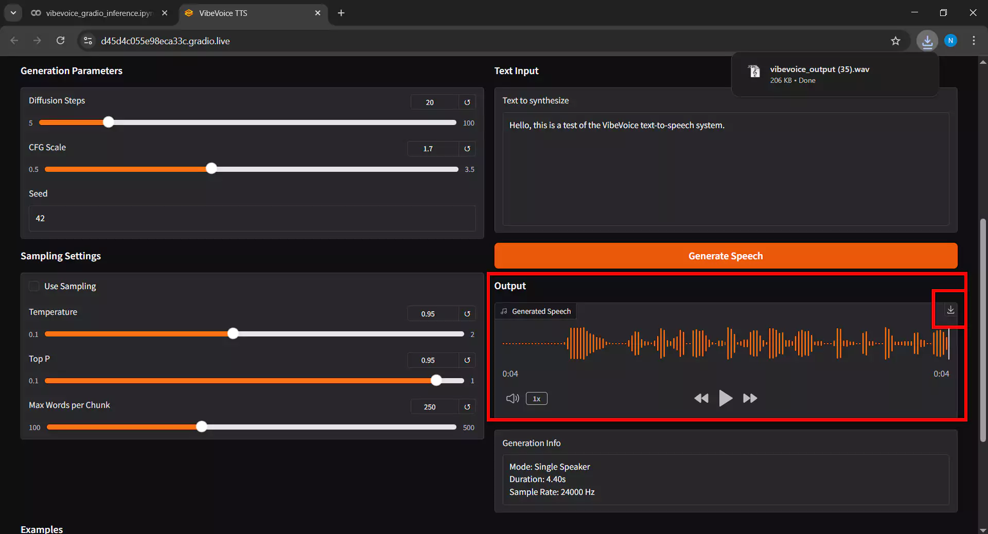Generated audio that can be played and downloaded from Gradio interface