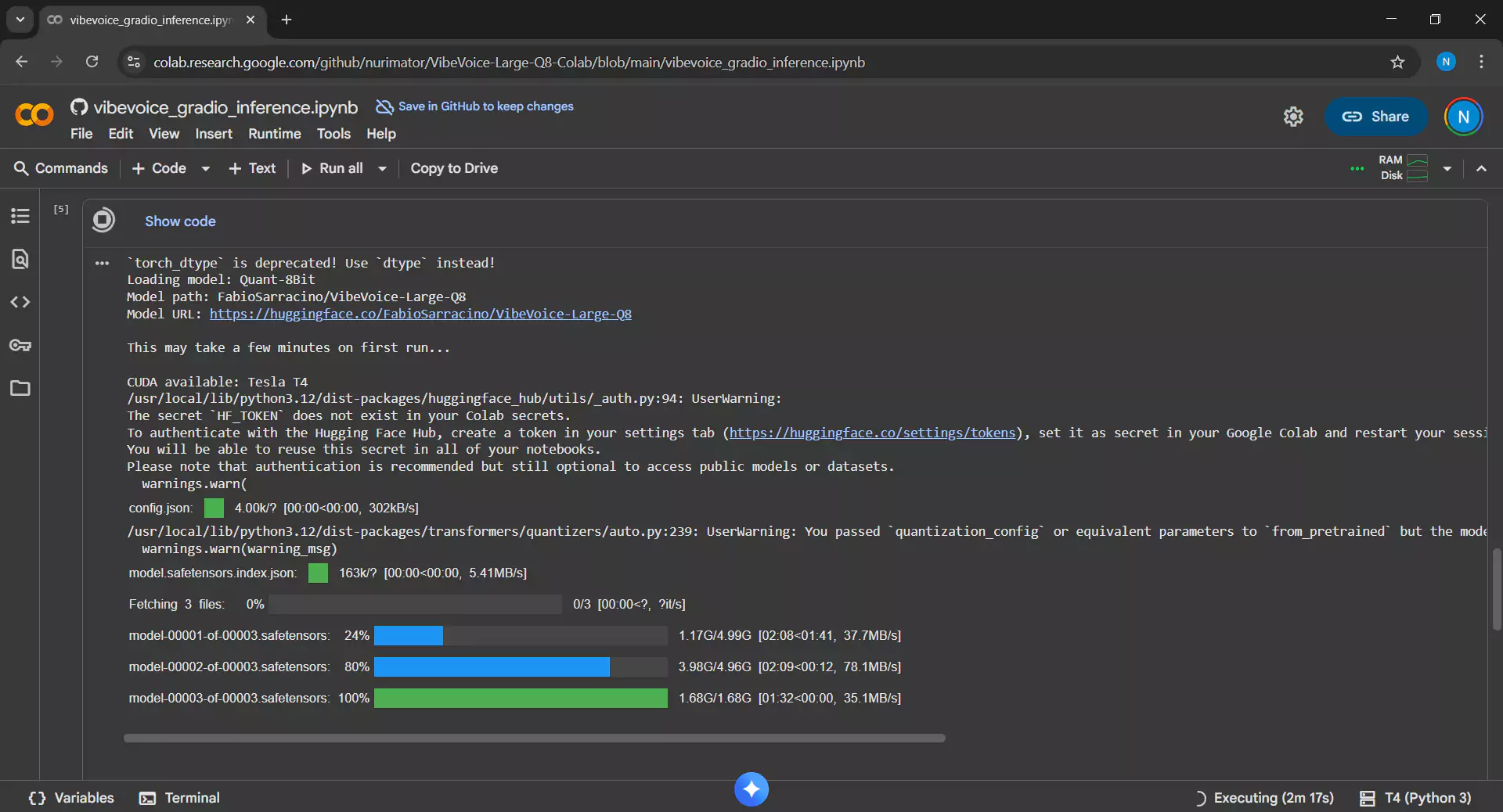 Download process for VibeVoice Large Q8 model and dependency installation