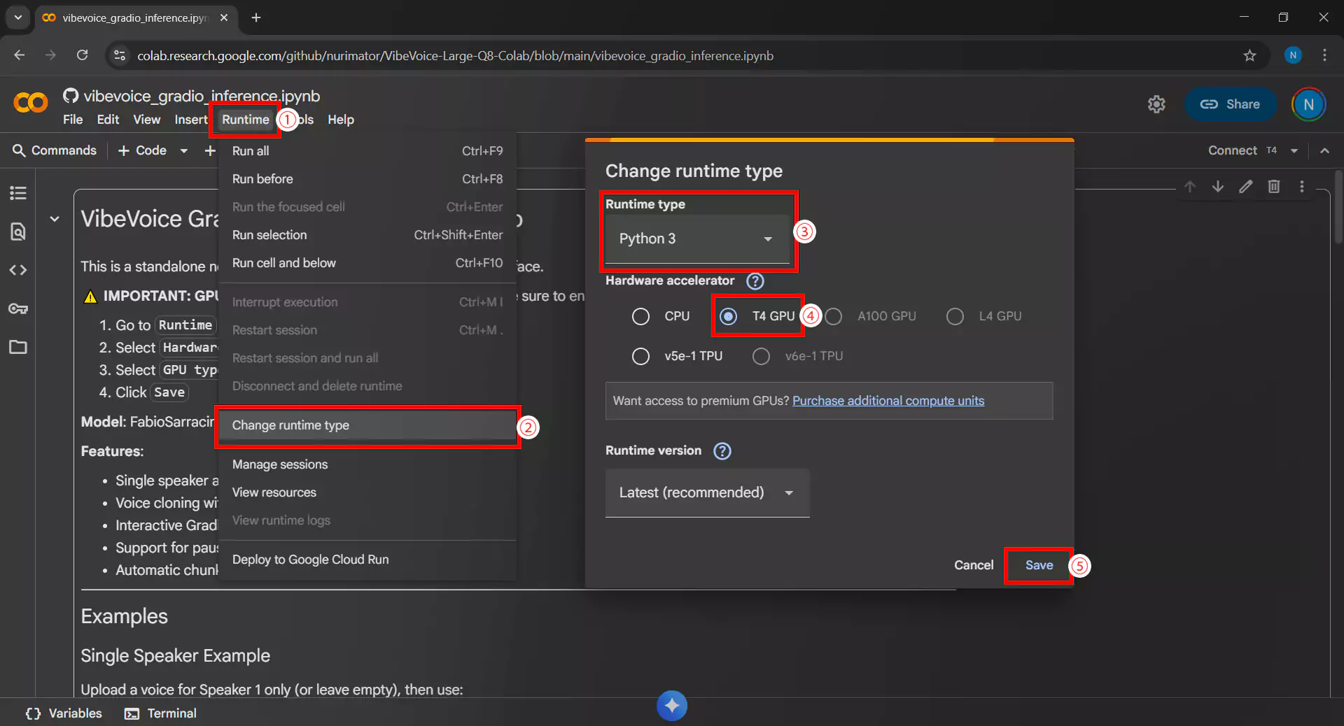GPU runtime settings menu in Google Colab