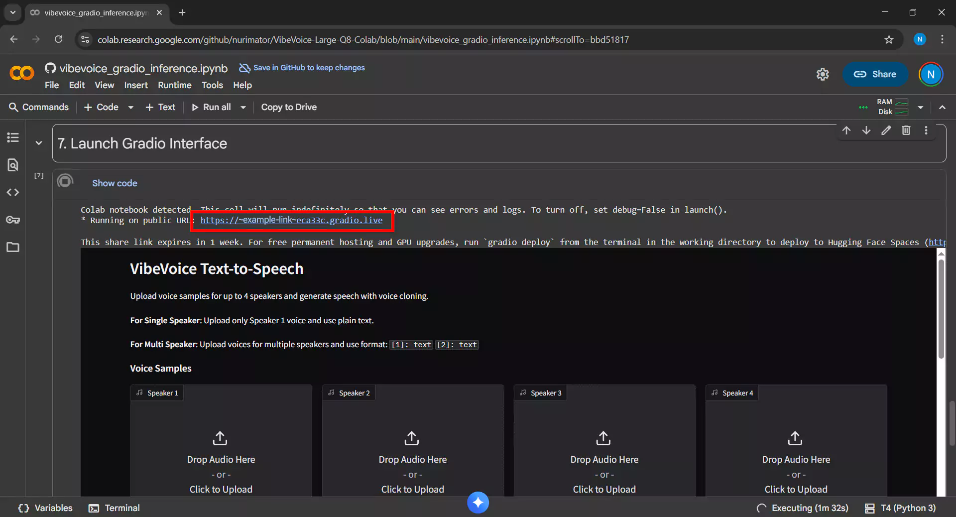 Gradio link that appears after setup is complete