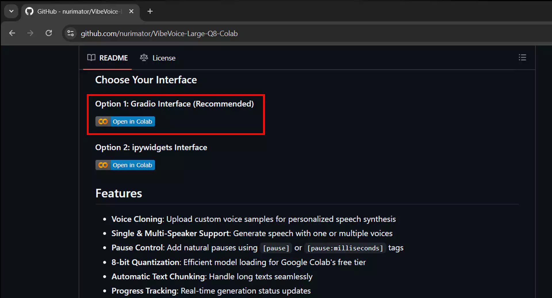 VibeVoice repository page with Open in Colab option