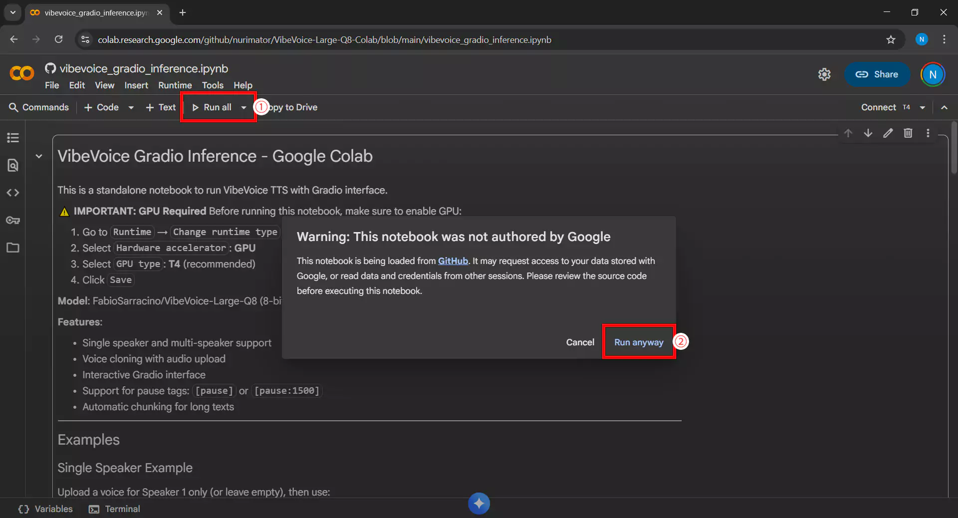 Run all cells button to execute all code in the notebook
