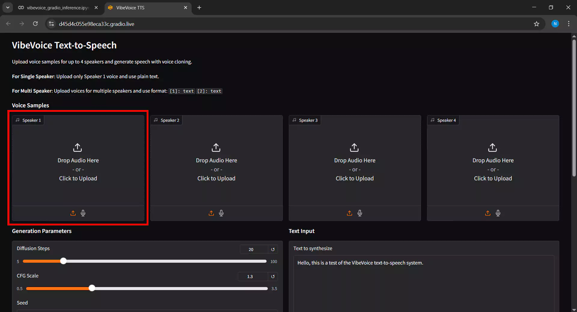 Voice sample upload interface in Gradio VibeVoice