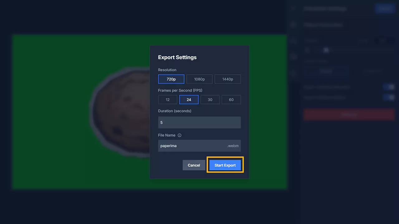 Export settings for animated video in Paperima