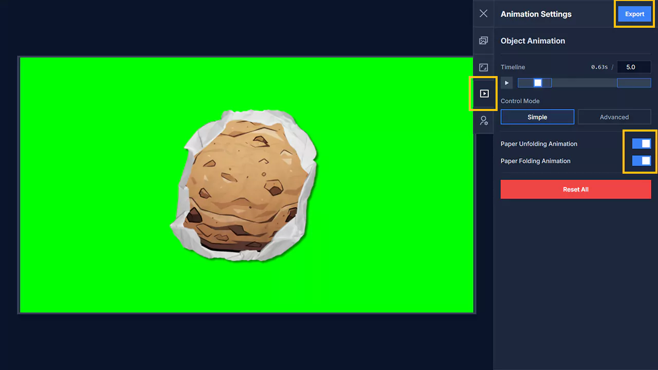Paper effect animation settings in Paperima