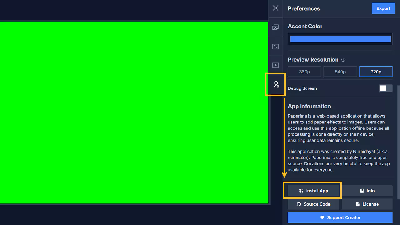 Paperima Preferences tab with Install Application button
