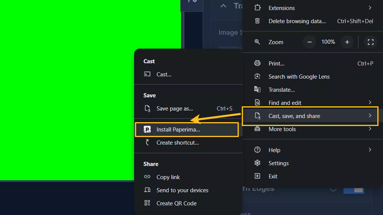 Browser menu with Save and share option