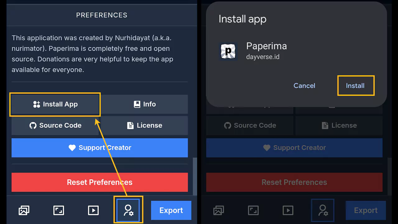 Paperima Preferences tab on mobile with Install Application button
