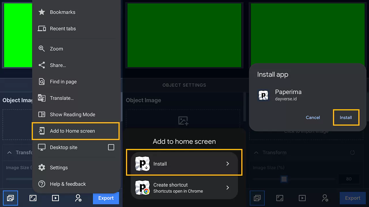 Mobile browser menu with Install app option